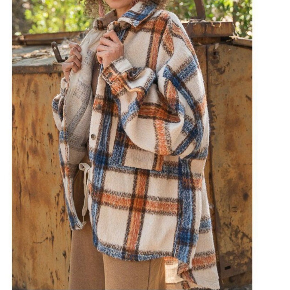 Cream Plaid Fuzzy Shacket Button Down Relaxed Fit - Picture 4 of 12